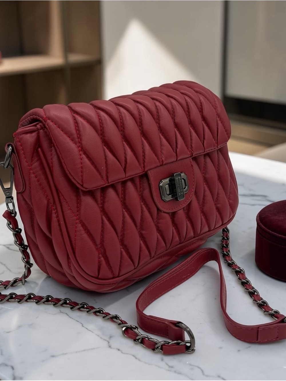 Badgley Mischka Megan Quilted Crossbody Bag Dark Red Gunmetal Chain Purse